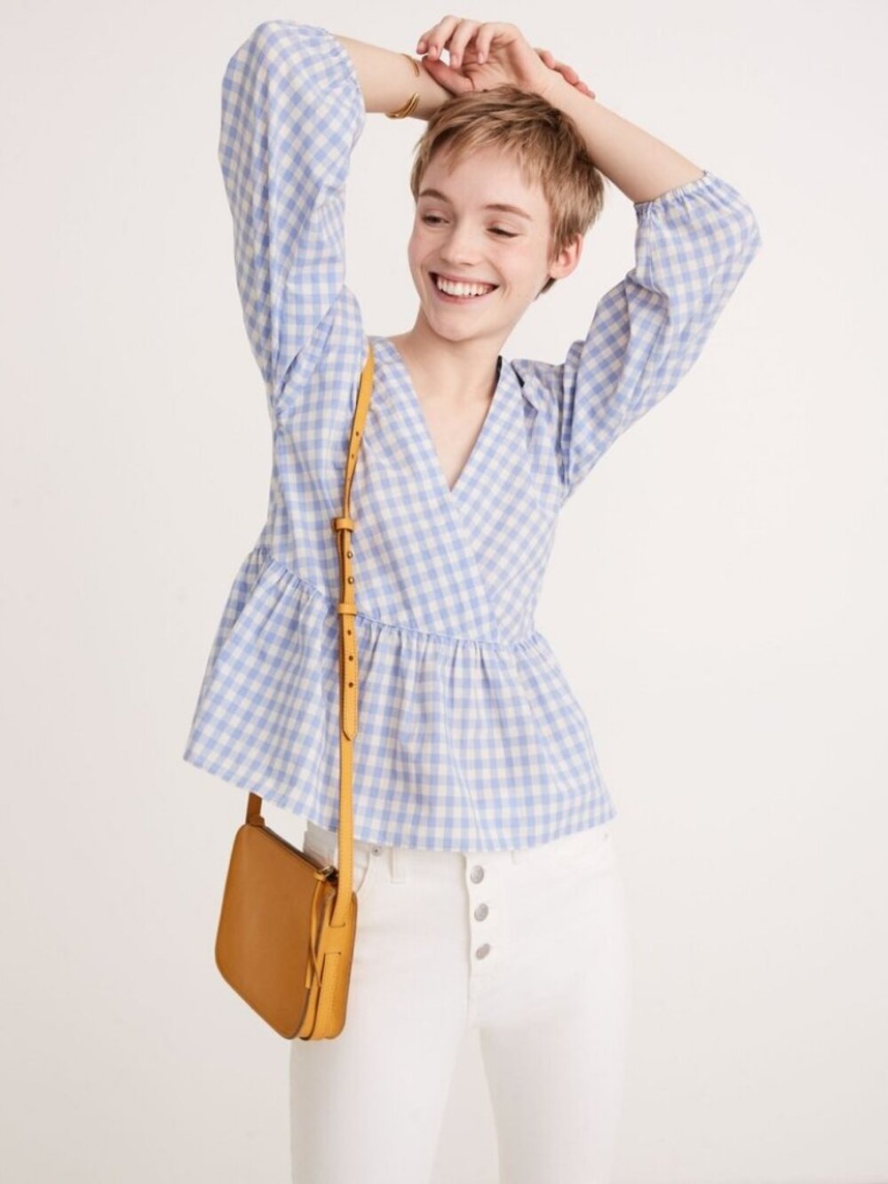 Madewell Bubble-Sleeve Peplum Top Gingham Check Rainwashed Peri Rosedale Size M
